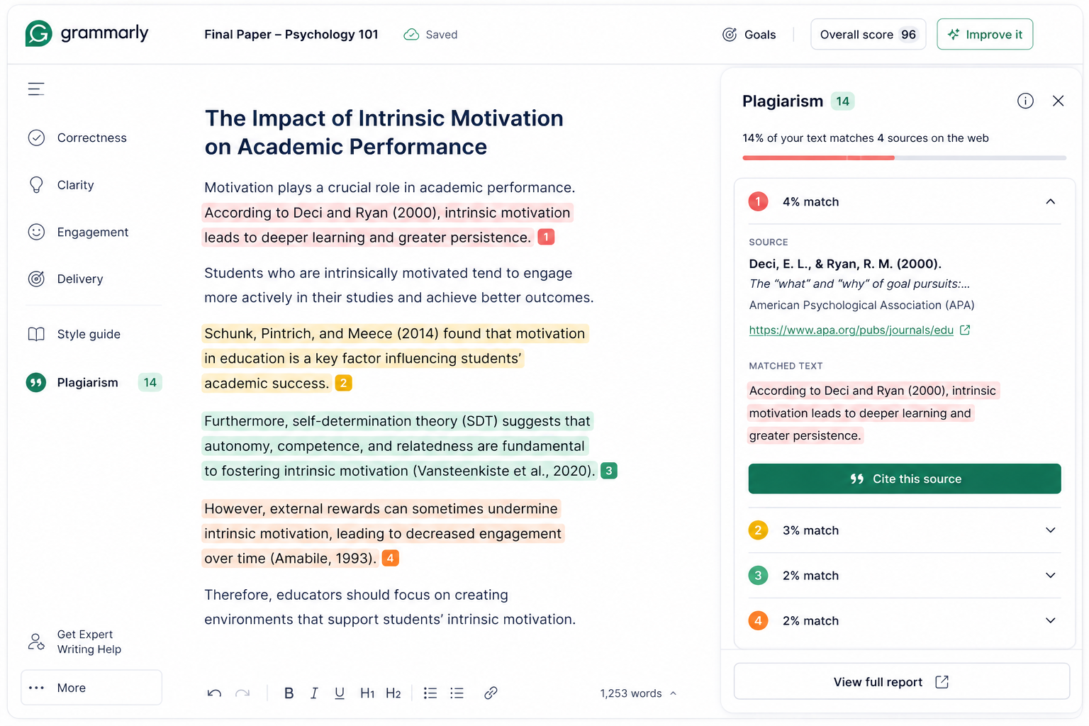 Grammarly plagiarism tab highlighting matched text with sources