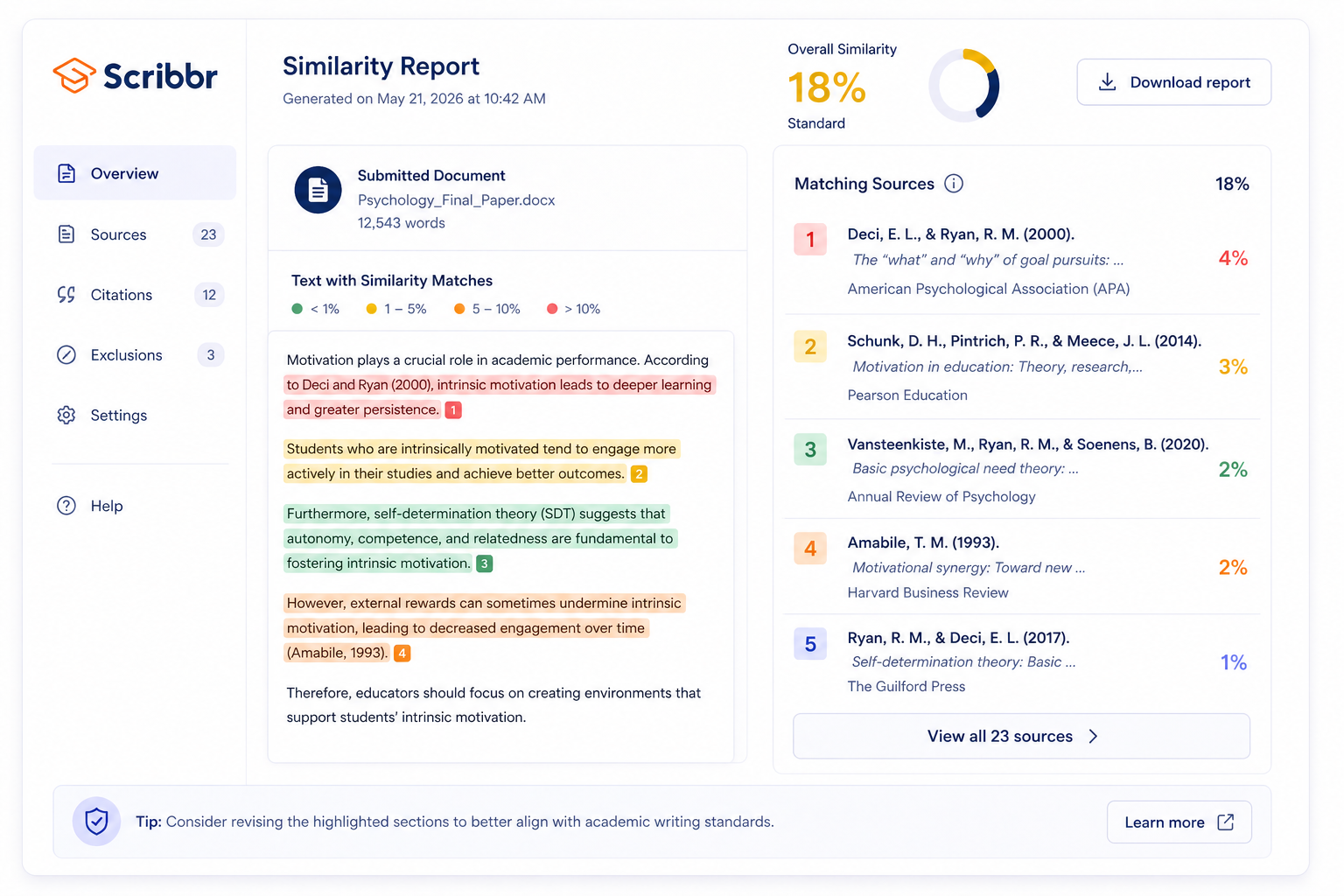 Scribbr similarity report showing matched sources