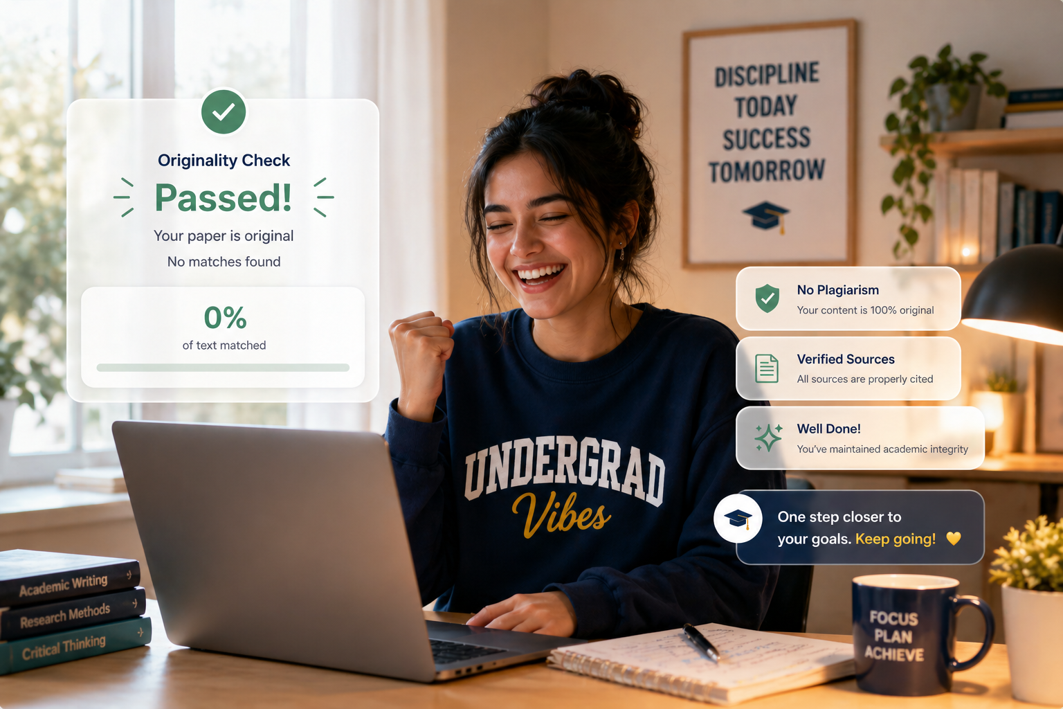 Student celebrating 0% plagiarism result on originality check