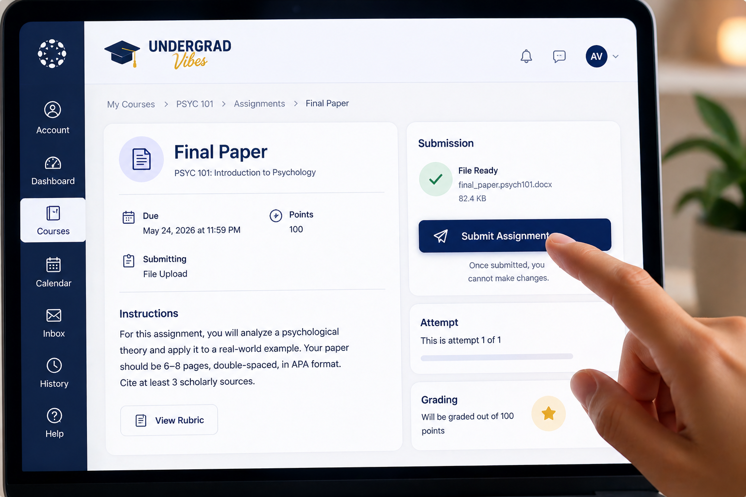 Student submitting final paper on university portal