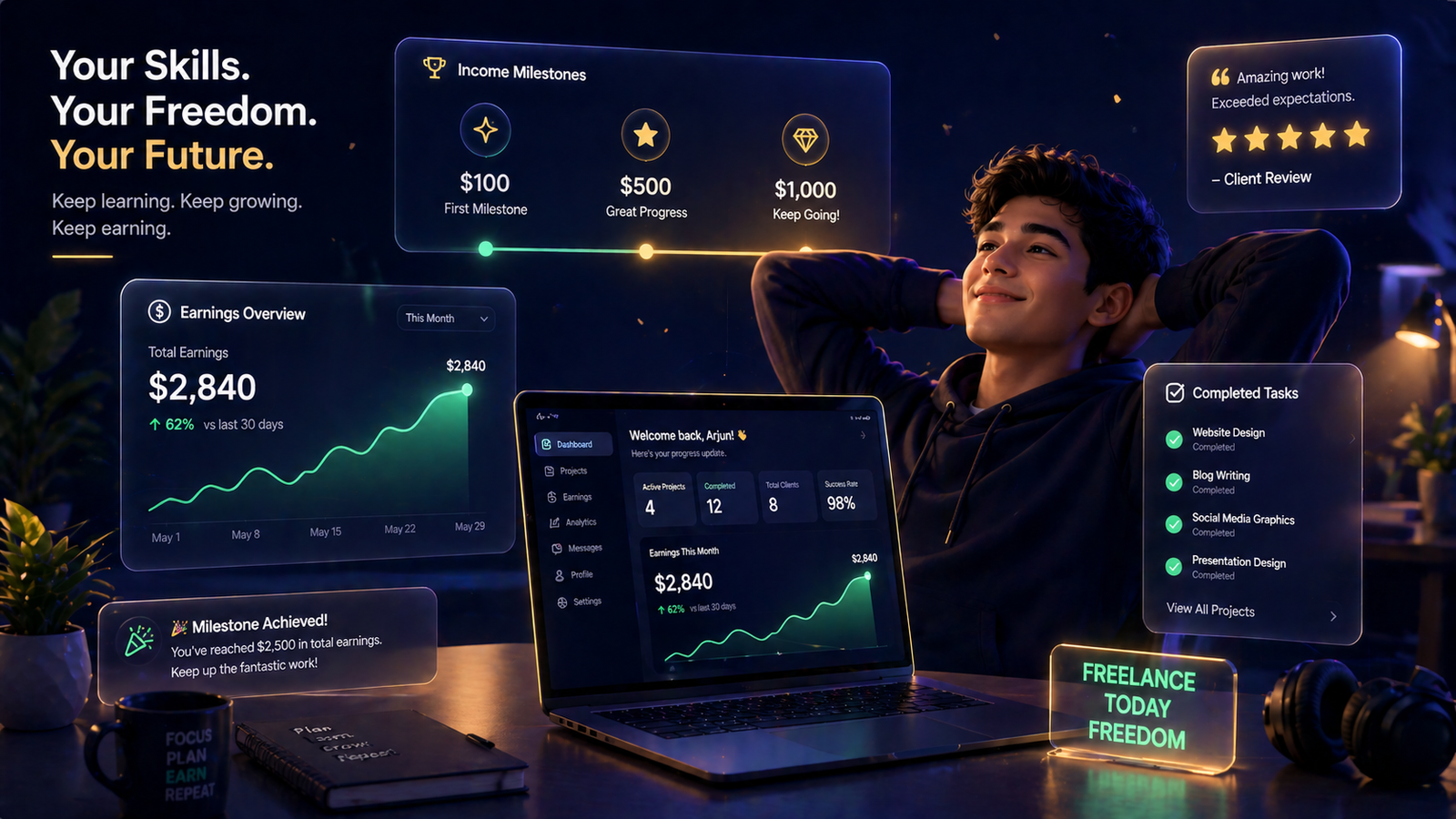 Student with freelance earnings milestones and growth chart