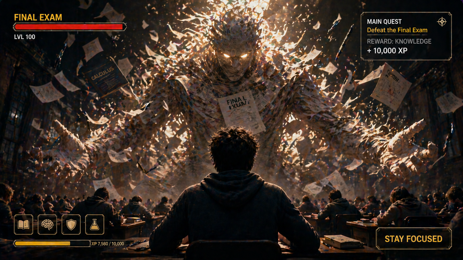 Student at desk treating exam prep like a video game boss fight, energy drink and notes spread out