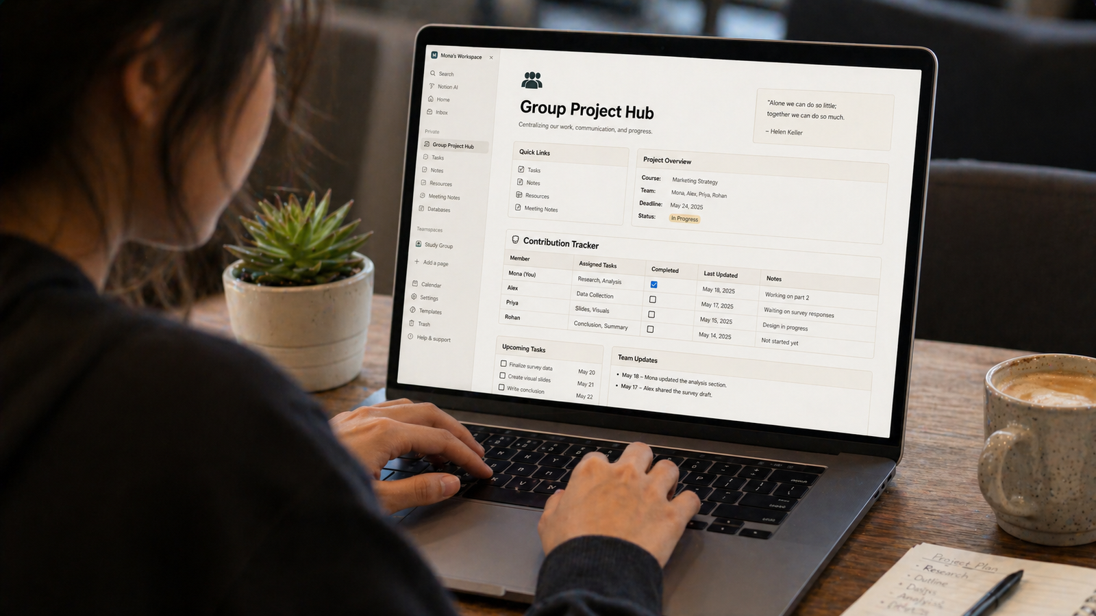 Team charter and accountability tracker in Notion showing task assignments and contribution log