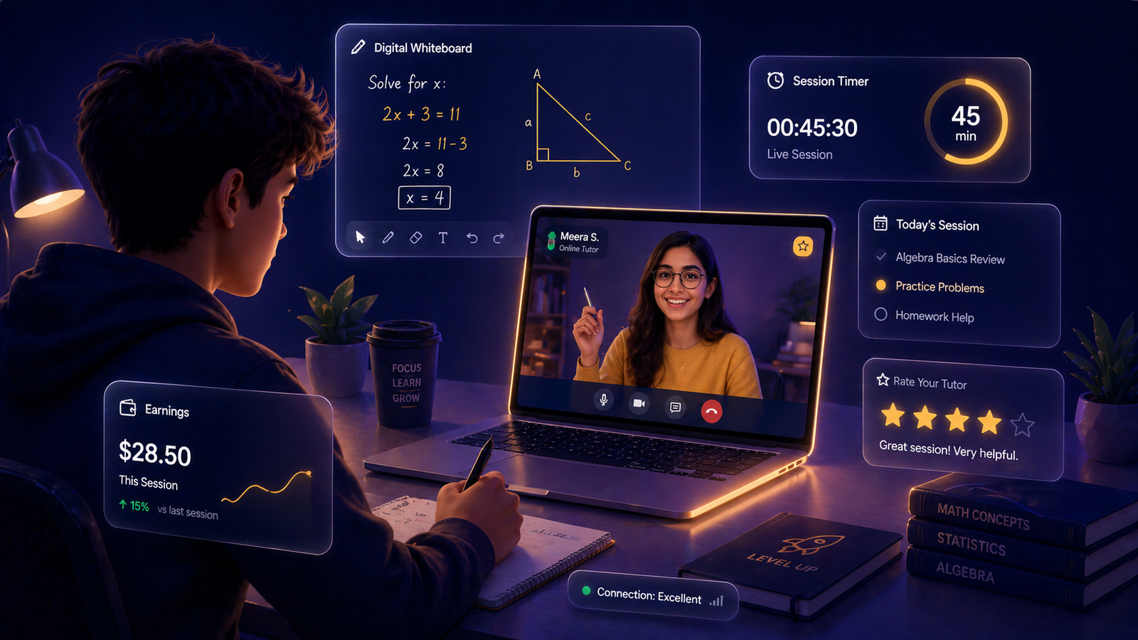 Online tutoring session with digital whiteboard